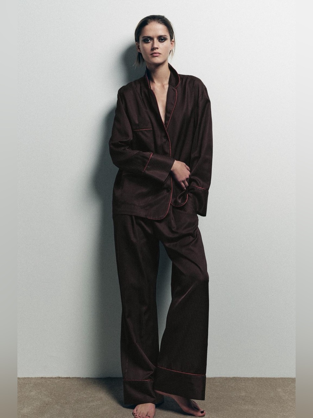 ISO Zara Contrast Stripe Brown Wide-Leg Pajama Pant IN SEARCH OF